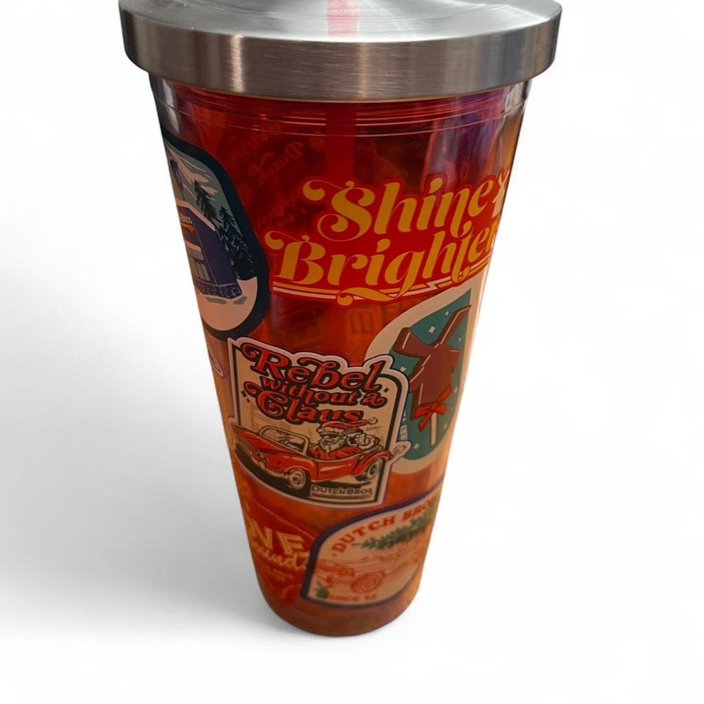 Red and silver Dutch Bros. Christmas tumbler with lid